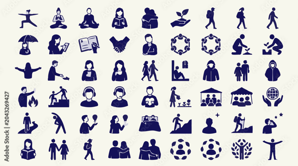 Fototapeta premium Vector icon set of human well-being, social support, and personal growth