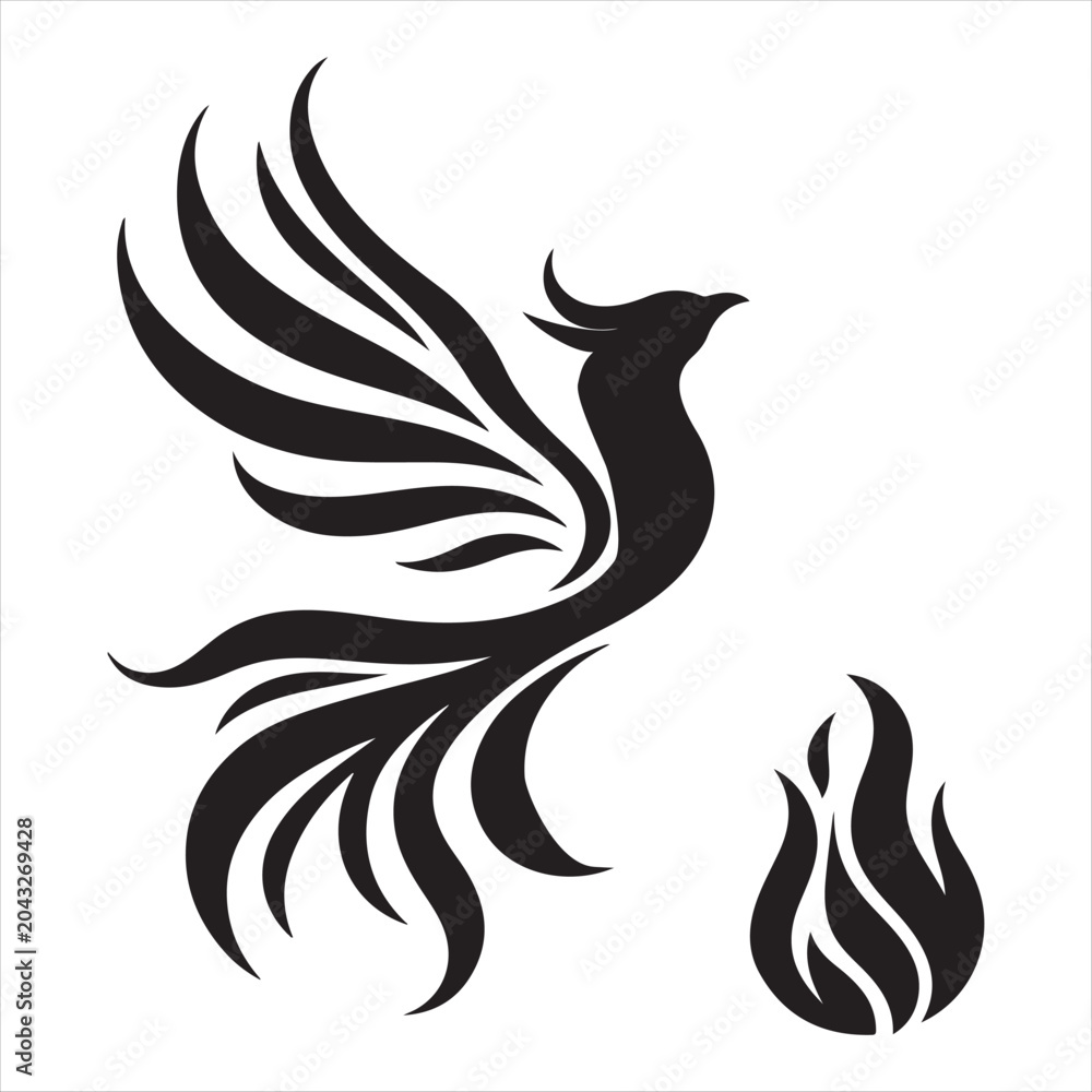 Fototapeta premium Phoenix rising from flames vector silhouette line art concept logo design idea illustration