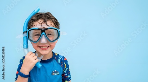Happy Young Boy Wearing Snorkel Gear Smiling on Blue Background.