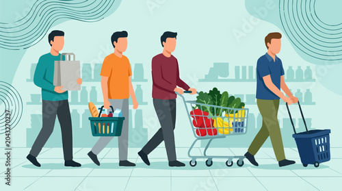 Schilderij op canvas Men grocery shopping at a supermarket, carrying baskets and pushing carts