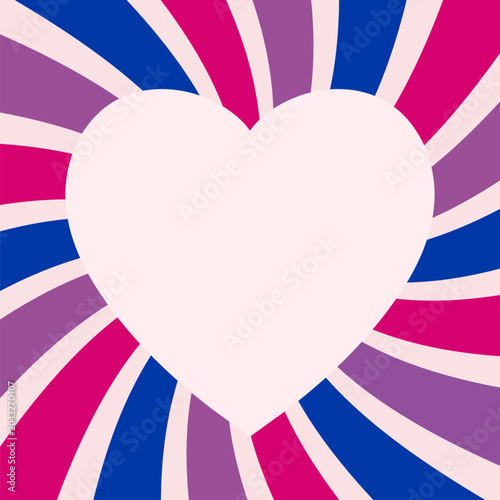 Bisexual Pride Flag Colors Sunburst Vector Spiral Rays Background, Square Heart Frame with Wavy Swirl Stripes and Copy Space for Social Media