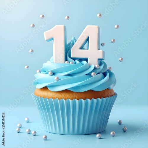 blue-themed happy birthday cupcake with 14 on top