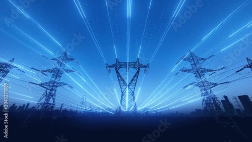 High-voltage power lines and power transmission under the night sky