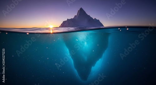 Majestic iceberg with its vast hidden depths revealed beneath a breathtaking ocean sunrise, symbolizing unseen power and resilience in the serene Arctic waters