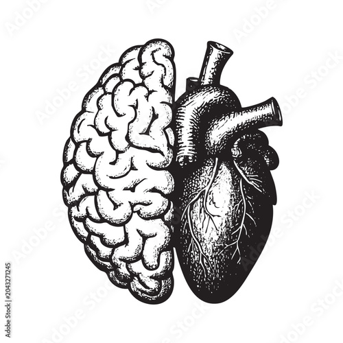 Half brain and half heart draft silhouette drawing, black on white line art.