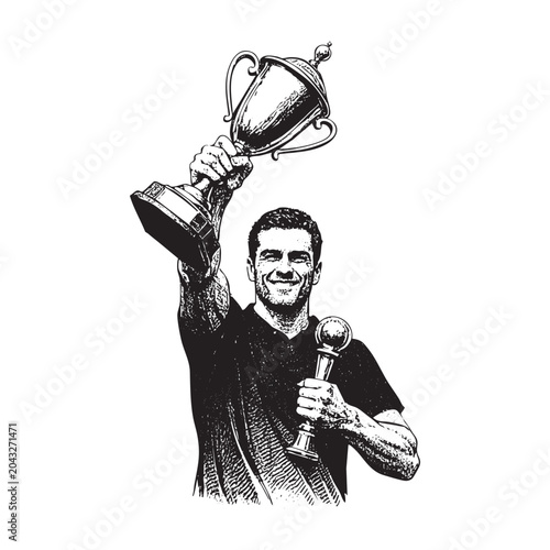 athlete holding trophy cup	in Black and White Illustration