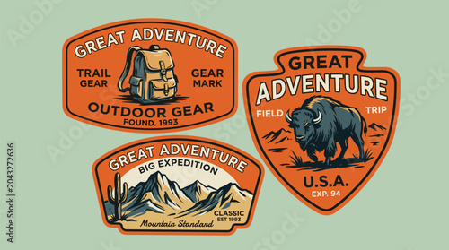 Mountain adventure vintage print design for t shirt. Great adventure outdoor gear. Explore more. Big expedition vintage badge. Retro travel art.