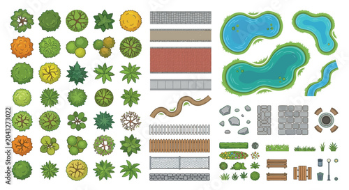Canvas Print landscape elements vector illustration trees bushes ponds