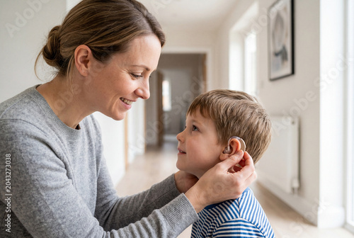 Mother fitting a small hearing aid to her young son at home closeup for healthcare and family care awareness banner