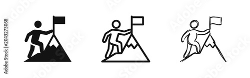 Fotografie Career Achievement and Success Icon Set, Person Climbing Mountain with Flag, Bus
