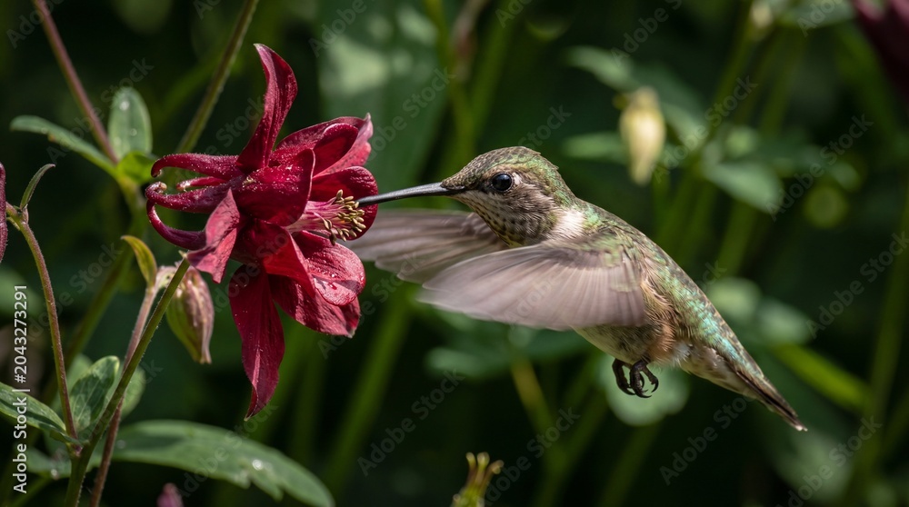 Fototapeta premium Closeup hummingbird feeding on a red flower nectar with blurred wings for garden background and nature macro detail