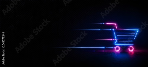 Neon shopping cart icon with fast motion light trails, futuristic cyberpunk e-commerce sale banner with copy space