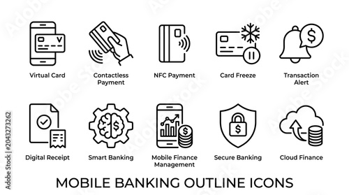 Mobile Banking Outline Icons Set Vector Illustration.