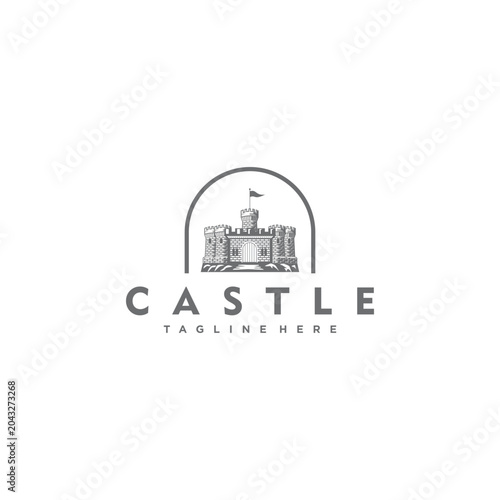 A vintage-style castle logo surrounded by a minimalist curved frame, creating the perfect blend of classic strength and modern professionalism.