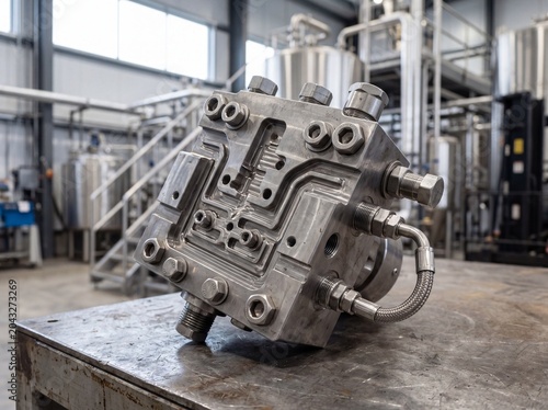 Closeup industrial stainless hydraulic manifold block on workbench for manufacturing background and technical poster design