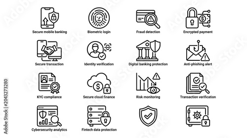 Modern flat icons for cybersecurity and data protection.