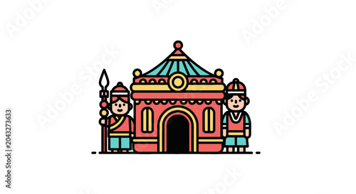 Illustrations of ancient Chinese architecture with guards and decorative elements