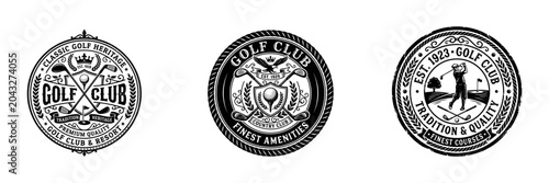 Vintage style golf emblem set with crossed sticks and classic laurel wreath shapes.