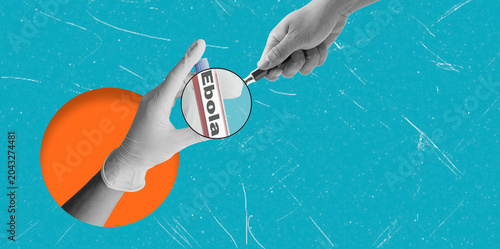 Quadro em tela Art collage showing a hand with a test tube labeled Ebola under a magnifying gla