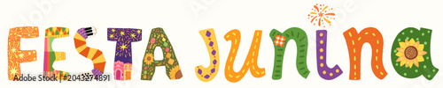 Festa Junina Hand Painted Text with Brazilian Festival Elements, Party Banner, Invitation or Poster Design Element
