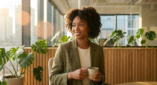 Exitosa mujer de negocios afroamericana con cabello afro sonriendo y disfrutando de un café en una oficina moderna y luminosa