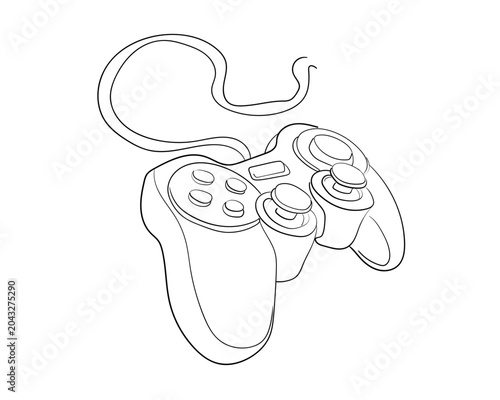 Foto Hand drawn line art illustration of a wired video game controller with buttons and analog sticks