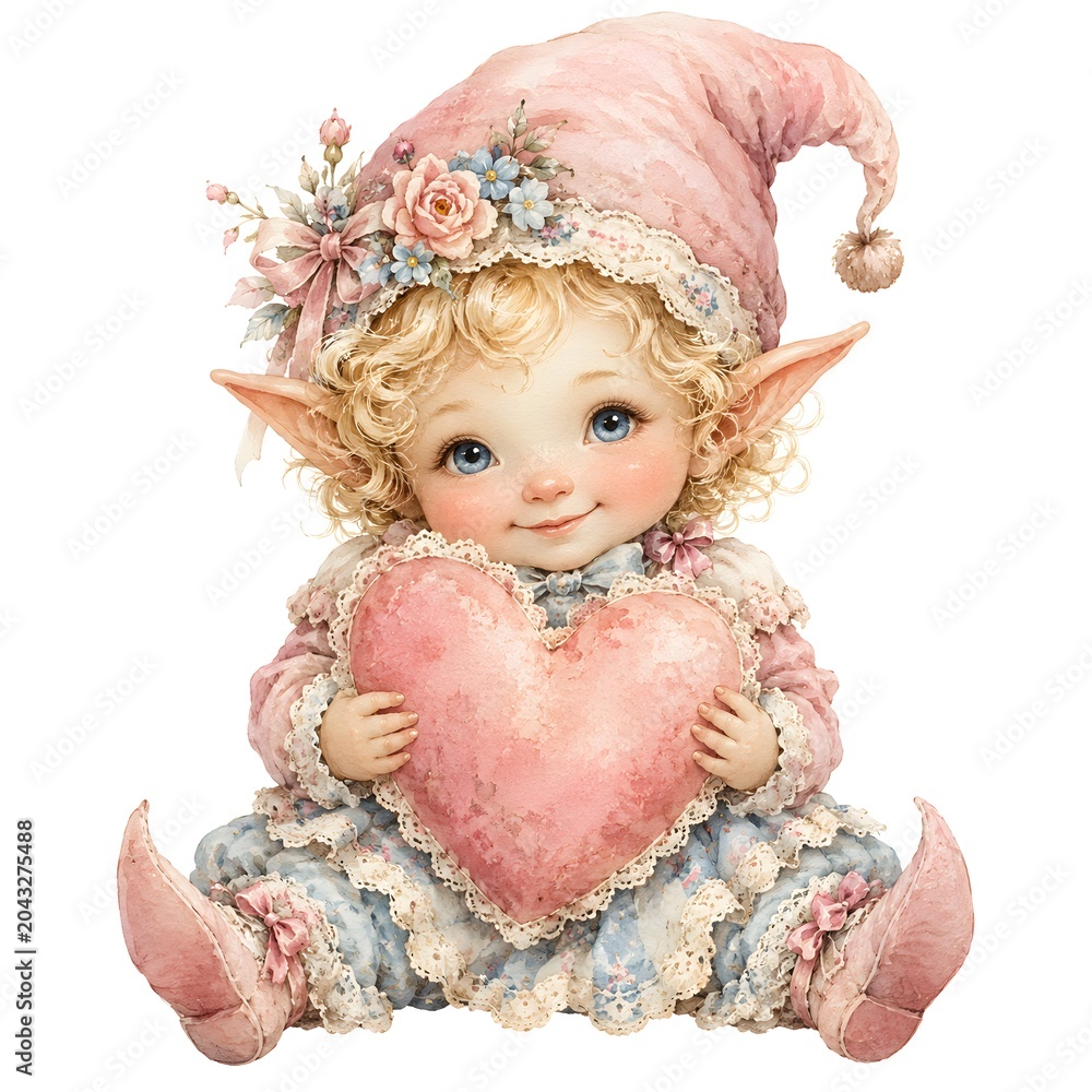 Fototapeta premium A small elf with curly blonde hair holds a large pink heart pillow. The elf wears a pink hat adorned with flowers and a blue outfit with lace details. This scene shows sweet charm and innocence