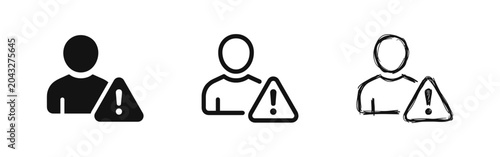 Obraz na płótnie User profile with exclamation mark warning icons in solid, outline, and hand-drawn sketch styles