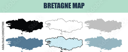 Bretagne map silhouettes in black white grey and blue tones on a clean white background
