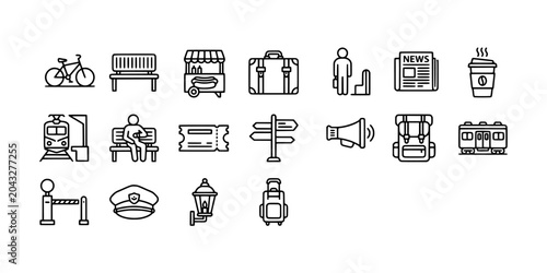 Foto Icon set collection of travel and transportation icons, including luggage, train station items, signage, and commuter lifestyle elements
