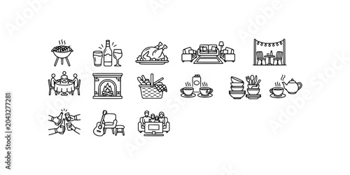 Icon set collection of lifestyle, dining, and social gathering icons, including food, kitchenware, home comfort, and party elements.