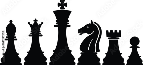 Black chess pieces lineup king queen rook knight pawn bishop