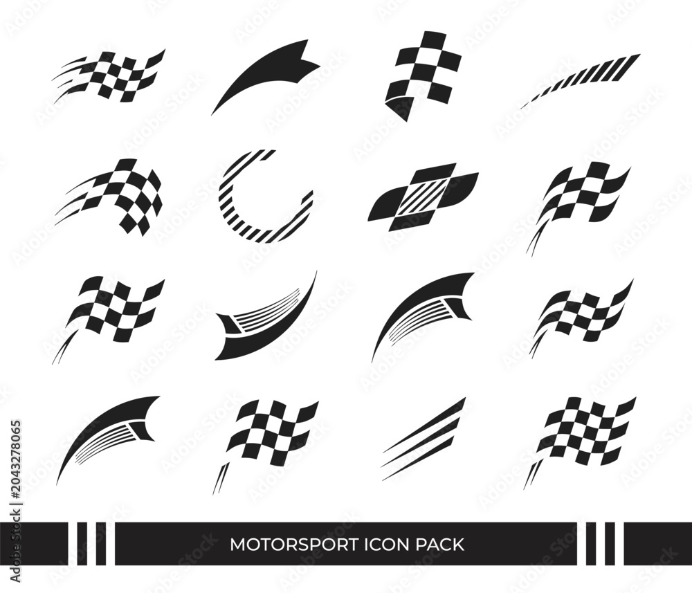 Obraz premium Motorsport icon set racing flags speed lines and checkered patterns