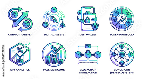 Set of eight cryptocurrency and DeFi line art icons with gradient fill.