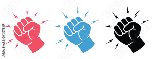 Foto fist hitting outline, knocking fist icon set in red blue and black variations featuring human hand gesture, impact lines, communication symbol, and vector illustration