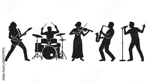 Foto Music Band Silhouette: Guitarist, Drummer, Violinist, Saxophonist, Singer