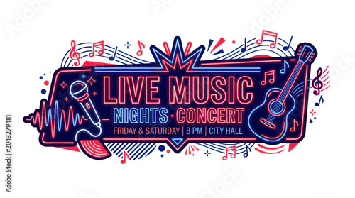 Fotografie Live Music Nights Concert Neon Sign with Guitar and Microphone