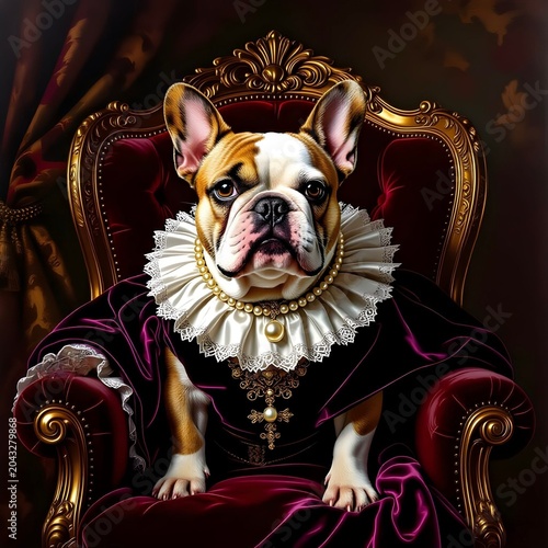 regal portrait of a majestic french bulldog adorned with a pearl necklace seated on an ornate gilded chair
