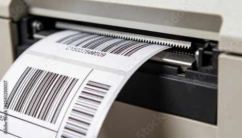 Printing white adhesive barcode label strip emerging from printer at workstation, showing cutter
