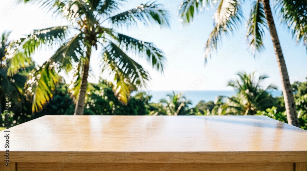 Fototapeta premium Wooden Table Top with Tropical Palm Trees and Ocean View for Product Display