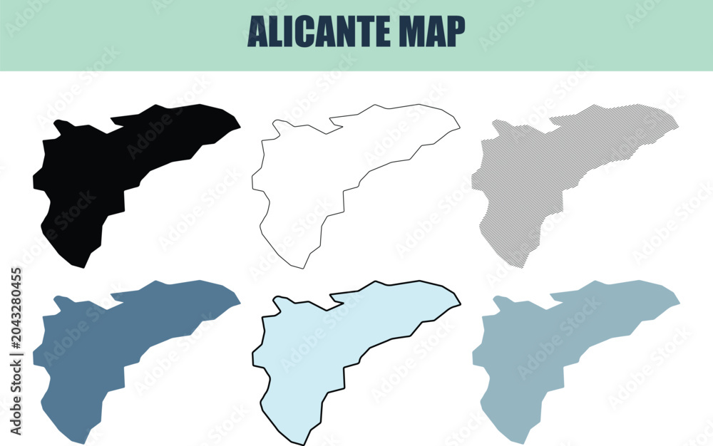 Fototapeta premium Alicante map variations in silhouette and outline styles for geographic representation and travel planning