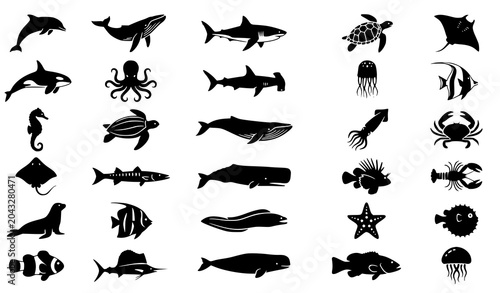 Photography Marine wildlife silhouette collection with ocean animals vector graphics isolate