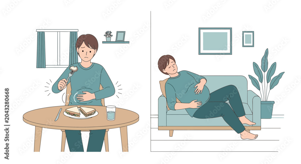 Fototapeta premium Man with Stomach Ache After Eating, Feeling Bloated and Uncomfortable