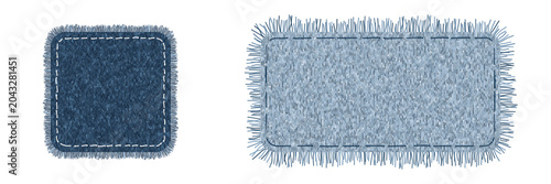Square and rectangular denim patch with with handmade stitches. Apparel appliqué with torn edges and fabric texture and irregular seam. Vector illustration isolated on white. 