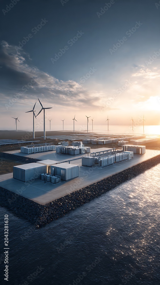 Fototapeta premium Sunrise view of a coastal wind farm with an integrated battery energy storage system, symbolizing sustainable power generation and a clean energy future