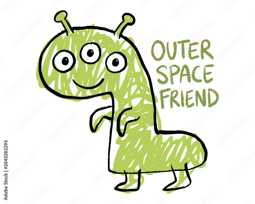 Obraz premium Outer space friend. Cute alien monster doodle for t shirt print, poster, sticker, background. Space adventure graphic print. Hand drawn character.