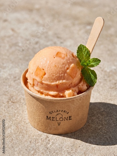 A professional photography shot of a single scoop of Melone ice cream  in a paper cup, vibrant refreshing lighting, neutral background.