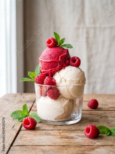 A professional photography shot of a double scoop of Lampone and Pesca Bianca ice cream (gelato)  in a glass cup, garnished with fresh raspberries, professional photography, neutral background.