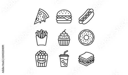 Modern Outline Party Food Icon Set with Snacks, Drinks, and Celebration Items Isolated on White Background