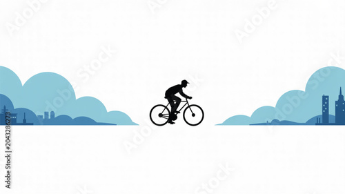 A single silhouette of a person riding a bicycle positioned centrally between two blue abstract clouds and urban cityscapes on a clean white background.